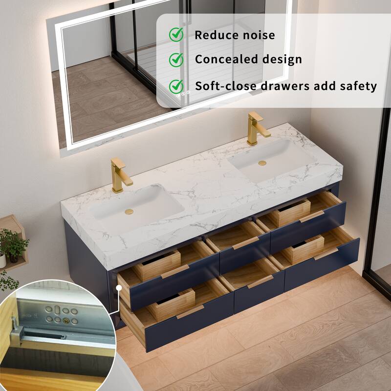 60" Wall-Mount Double Vanity with LED Light. - 60 inch