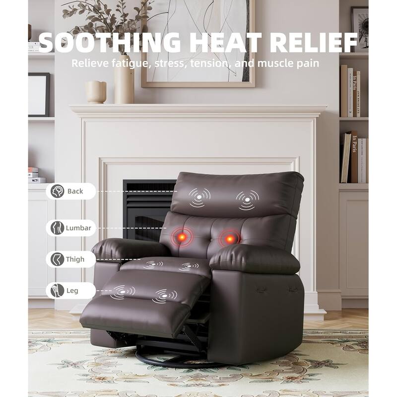 27" Oversized PU Leather Massage Recliner with Heat & Vibration, Cup Holders, Side Pockets, Wood Frame
