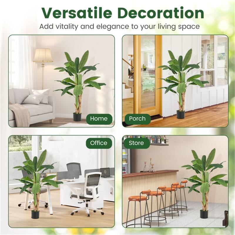 63" Artificial Banana Leaf Tree with Realistic Polyester Leaves and Cement Pot for Home Decor - 63"H