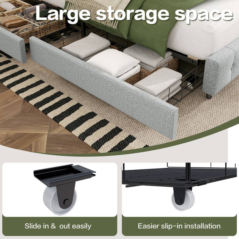 Linen Upholstered Headboard Bed Frame with Large Hidden Storage, 4 Underbed Drawers with Pulleys