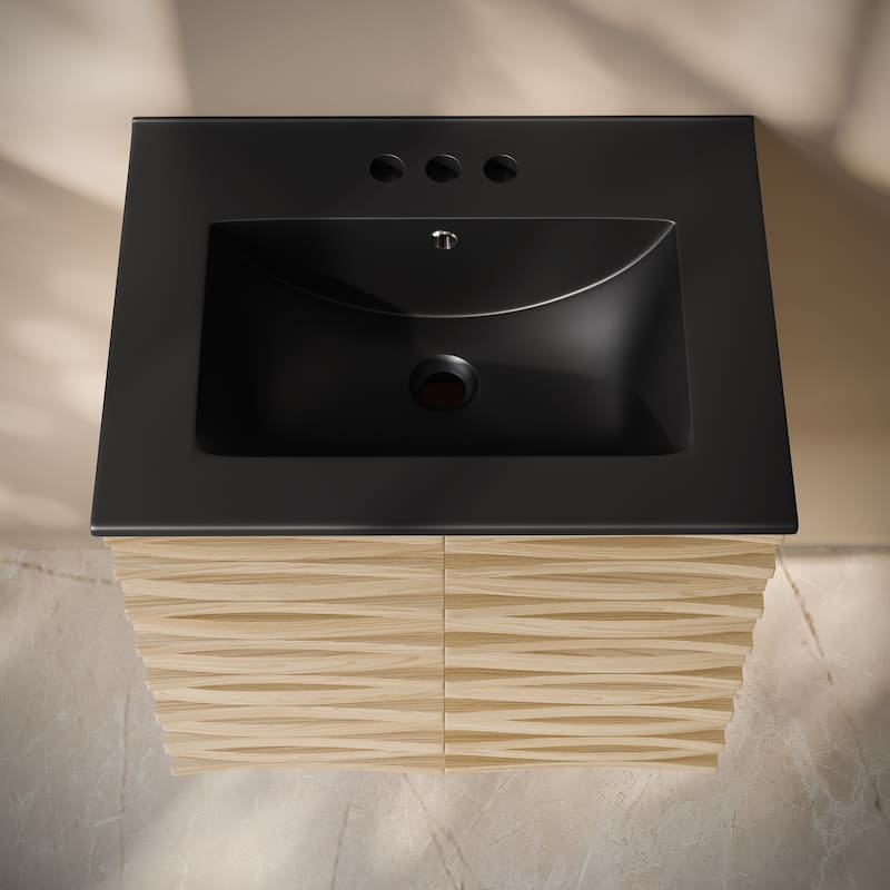 Cascade 24" Wall-Mounted Bathroom Vanity In Natural Oak With Black 3-Hole Centerset Sink Top - 24