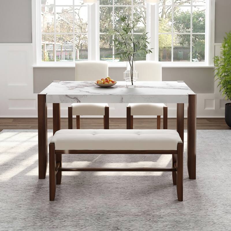 4 Piece Dining Furniture Set, 4 Person Kitchen Dining Table Set with Faux Marble Style Table, 2 Upholstered Chairs and Bench