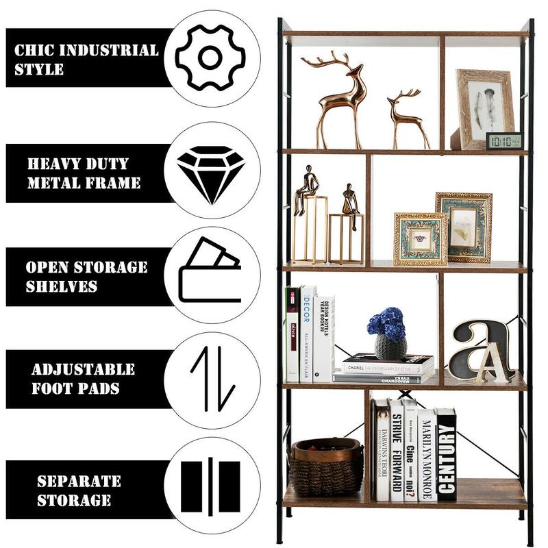Modern Industrial 4-Tier Bookcase with Sturdy Metal Frame and Dividers - 29" x 12" x 61"