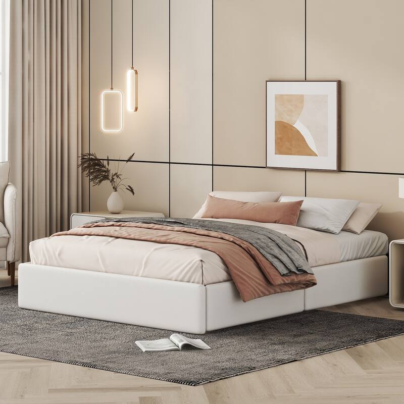 Leather Upholstered Grounded Bed Frame with 2 Drawers and Trundle Bed