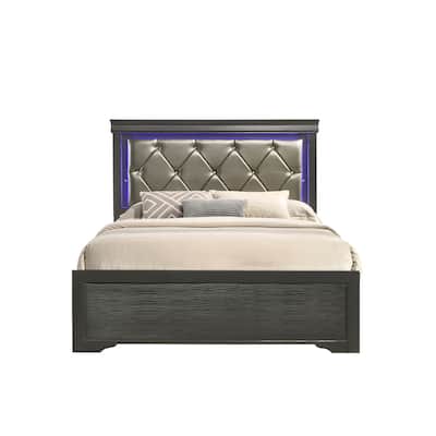 Full Size Wood Modern Platform Bed with LED Headboard and Upholstered Design