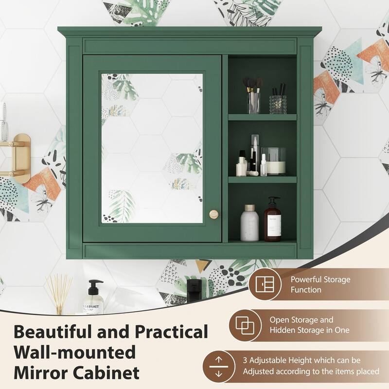30'' x 28'' Wall Mounted Bathroom Storage Cabinet with Mirror,Modern Design,3 Open Shelves,and Concealed Storage
