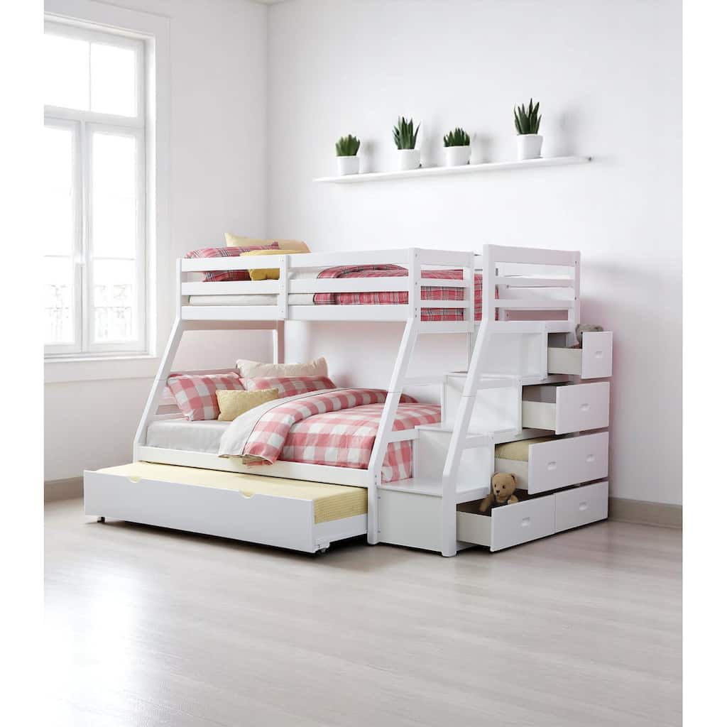 Twin Over Full Bunk Bed with Trundle and Storage Ladder bed, Built-in Drawers,Full-Length Guardrail,Slat Support System Included
