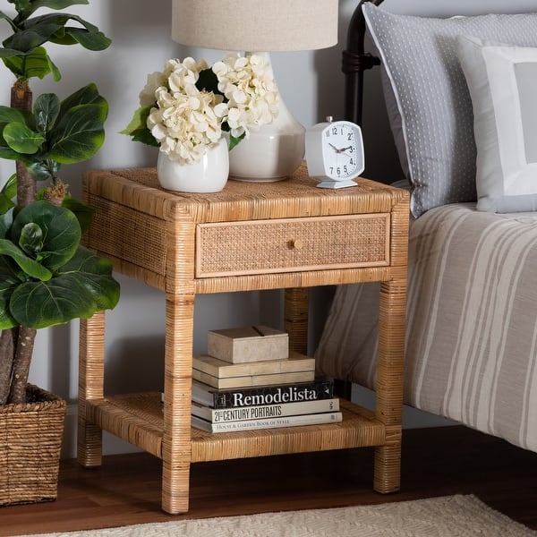 Adelia Modern Bohemian Natural Rattan and Mahogany Wood 1-Drawer ...
