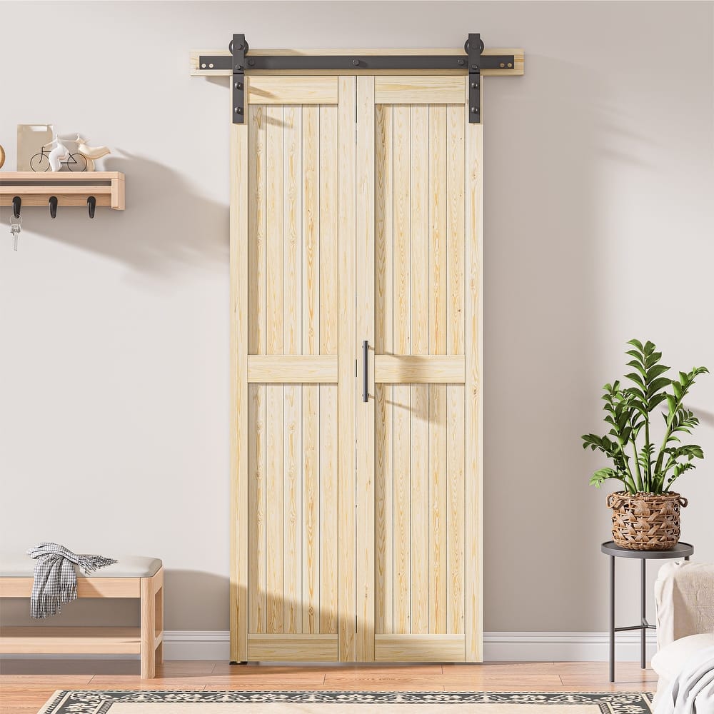 Assembled 30in./32in./36in./40in./44in./48in. x 84 in. Solid Core Pine Wood Bi-Fold Door With Hardware Kit