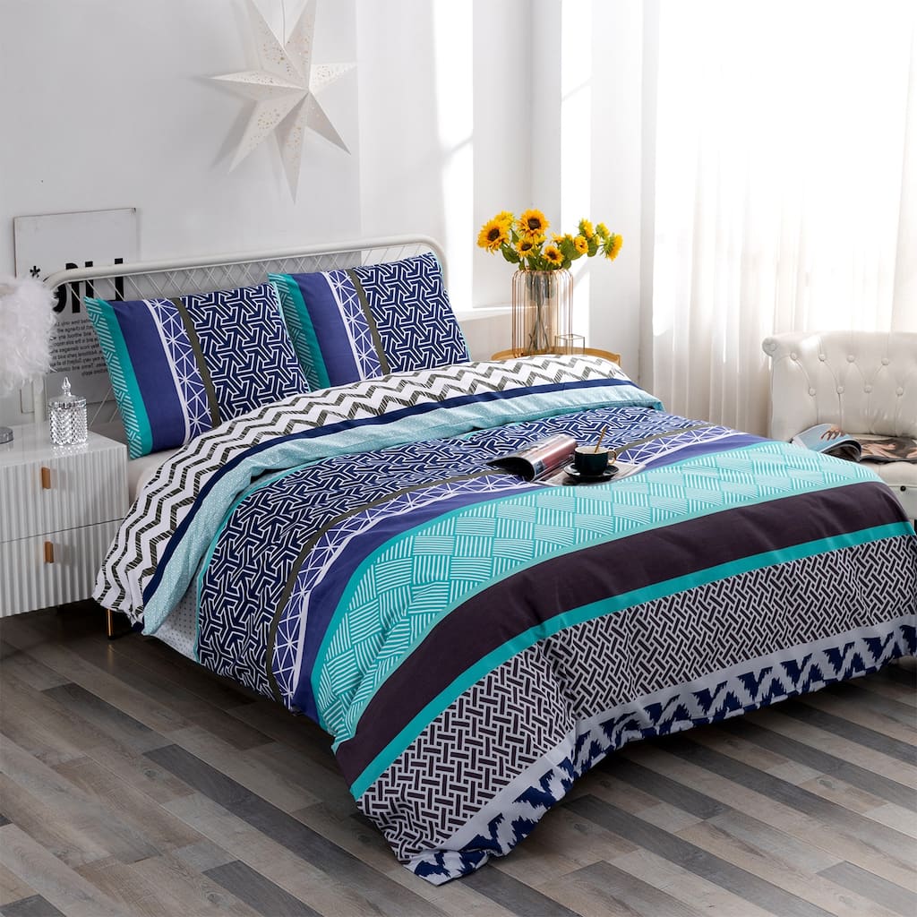 3 Piece Stripe Boho Duvet Cover Set with Zipper Ties