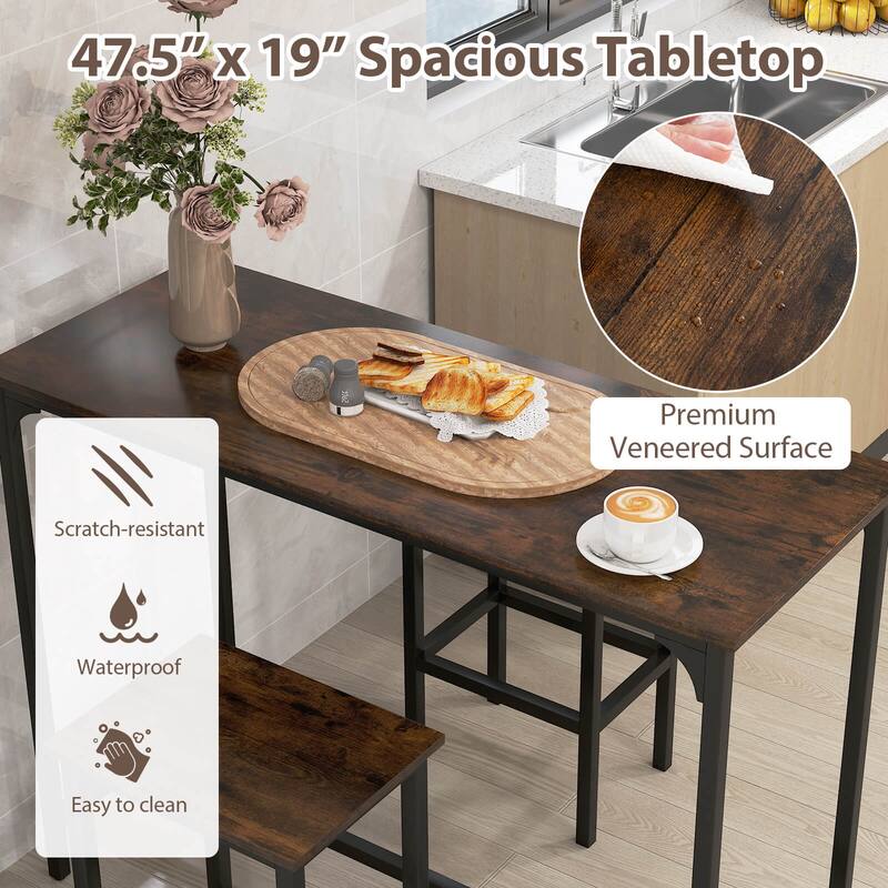 Costway 3 PCS Counter Height Table Set with Footrests Rectangular Pub
