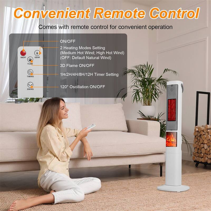 3D Flame Ceramic Tower Heater, 1500W Oscillating Space Heater with Remote