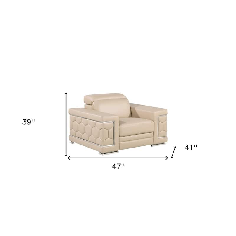 HomeRoots 47" Beige and Silver Genuine Leather Club Chair - 47 in. x 39 in. x 41 in.