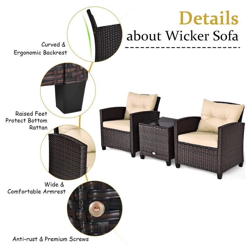Costway 3PCS Patio Rattan Furniture Set Cushioned Conversation Set - See Details