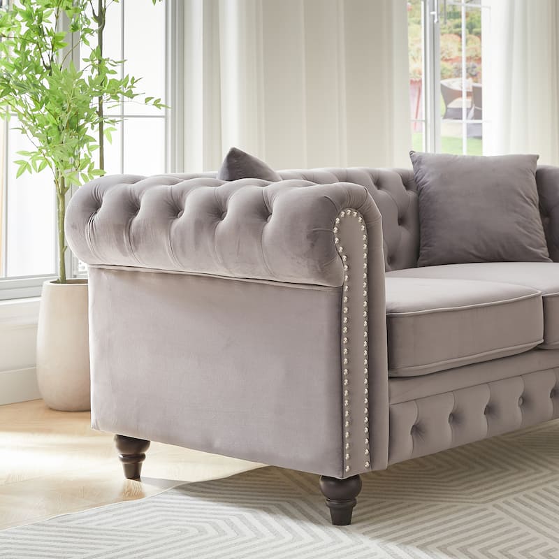 63.5"Sectional Sofa, Button Tufted With Nail Design Arms With 2 Pillows, Upholstered Fabric And Wood Legs