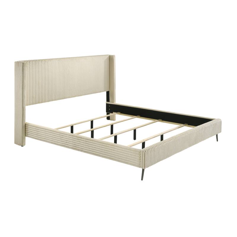 King Size Upholstered Panel Bed with Wingback Headboard and Wooden Slats