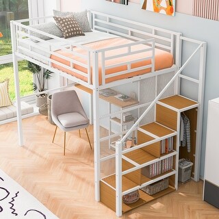 Full Size Loft Bed with Wardrobe, Desk and Shelves, White