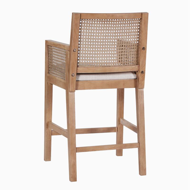 Christopher Knight Home - French Country Wood & Rattan Counter Stools with Upholstered Seat and Arms - Set of 2
