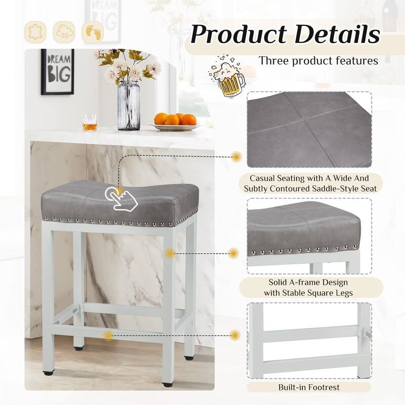 24 in. H Upholated PU Leather Thick Saddle Seat Counter Bar Stools Set of 2, Kitchen Chairs with Metal Base