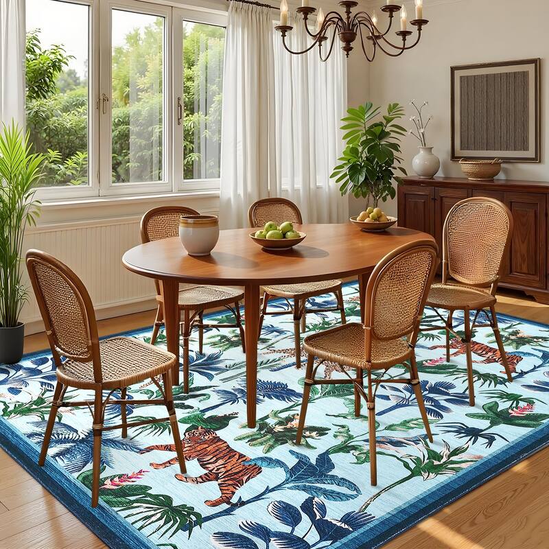 Living Room Rug Jungle Tiger Area Rug Plant Rugs Low Pile Non Shedding Soft Accent Carpet for Bedroom, Dining Room