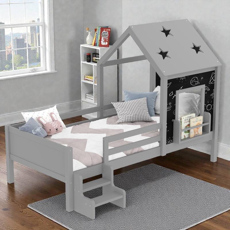 Kids House Platform Bed with Stairs, Star Roof, Window, Bookcase & Blackboard, Solid Wood Low Profile Bed No Box Spring