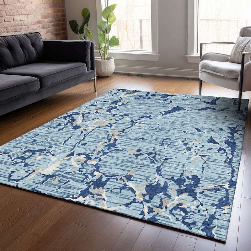 Machine Washable Indoor/ Outdoor Abstract Camo Chantille Rug - Denim - 8' x 10'