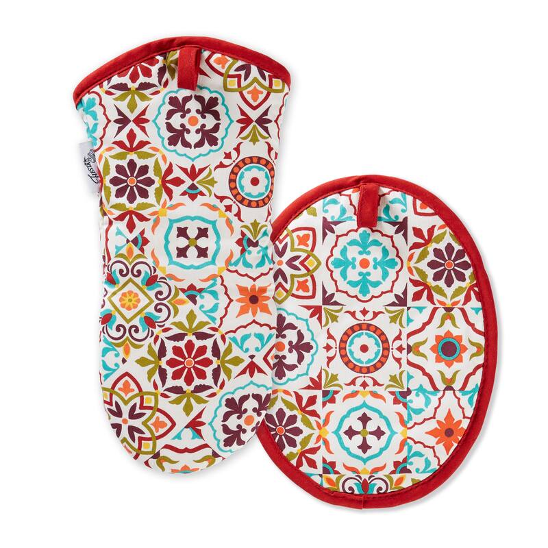 Fiesta Fiesta Worn Tiles Oven Mitt & Pot Holder Set, Set of 2 - 8"x10" - White/Red/Purple