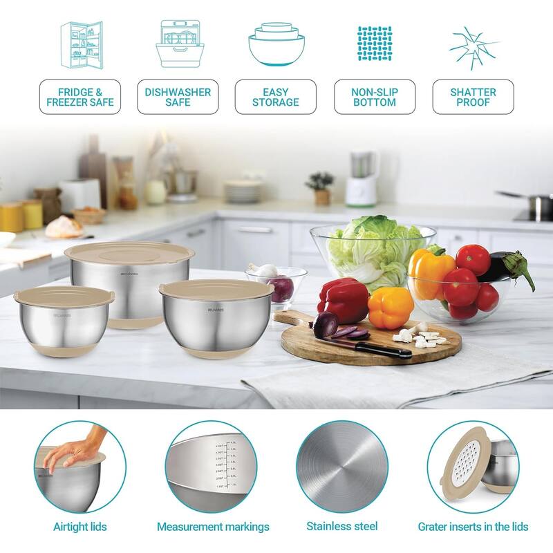 Belwares 5-Piece Stainless Steel Mixing Bowls with Airtight Lids and Graters - Non-Slip Nesting Bowls Set