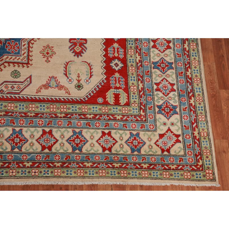 Hand Knotted Oriental 100% Wool Carpet Traditional Geometric Beige & Ivories Kazak Area Rug - 12' 3'' X 9' 0''