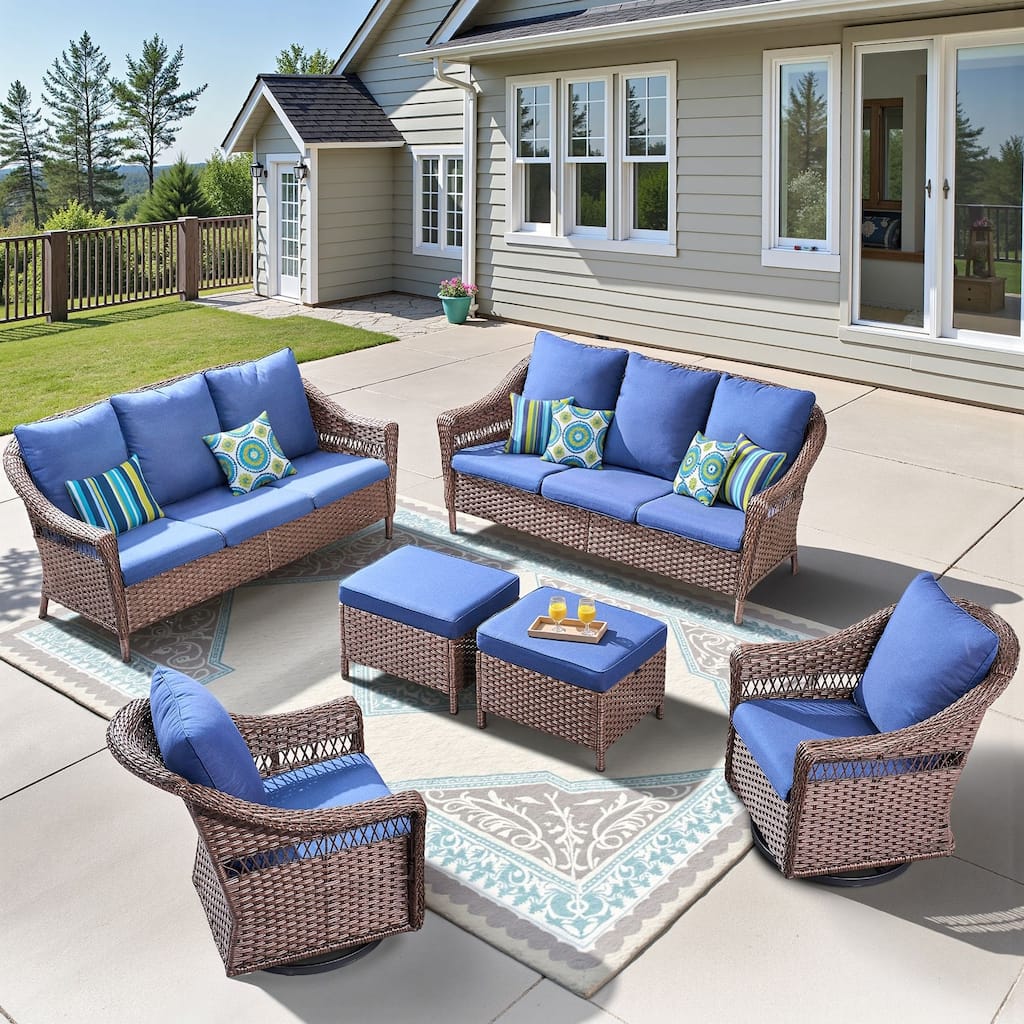 Pocassy 6 Pieces Patio Sofa Swivel Chair with Ottomans