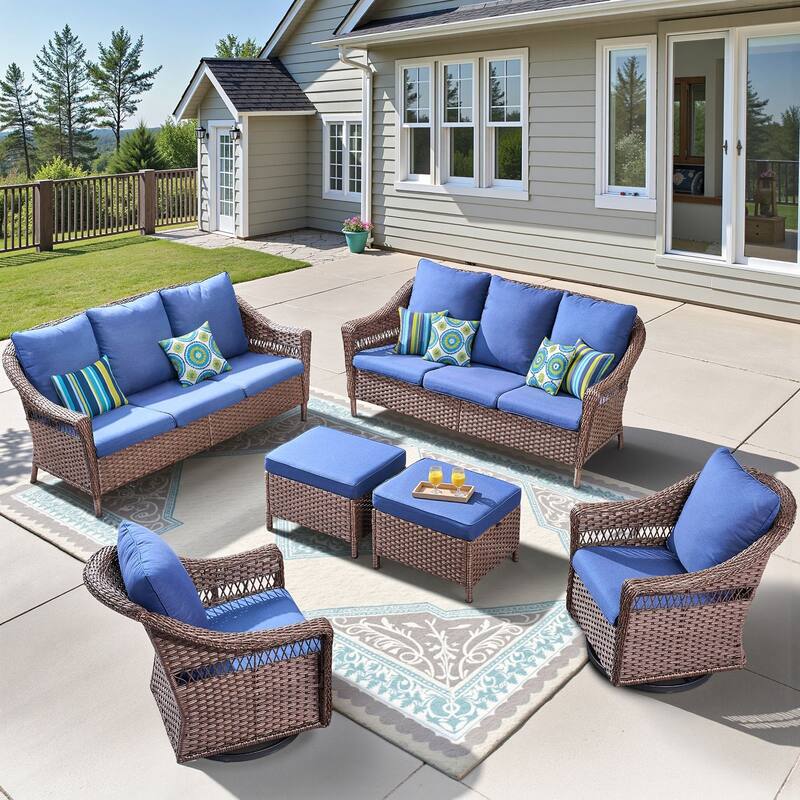 Pocassy Sofa Swivel Chair, Ottoman Patio Funiture Set - 6 Pieces - Brown & Blue cushion