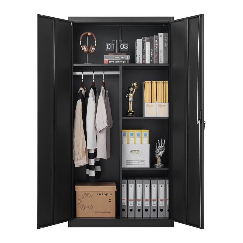 Anmytek Black Lockable Storage Cabinet with Hanging Rod and Adjustable Shelves Secure Wardrobe for Bedroom and Living Room