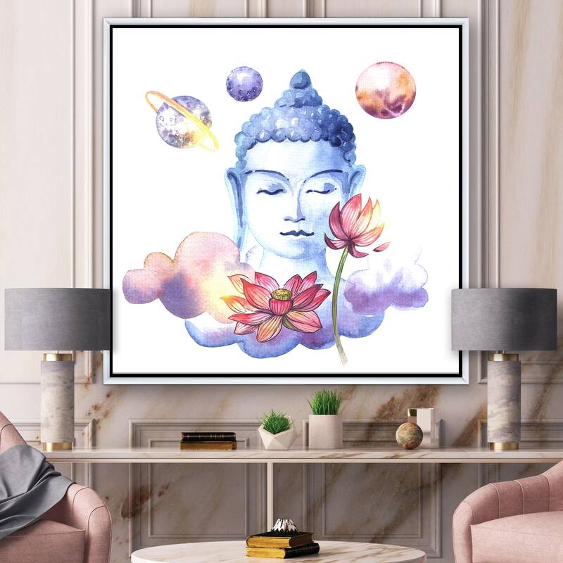 Designart "Blue BuddHa With Flowers And Modern & Contemporary Framed Canvas Wall Art
