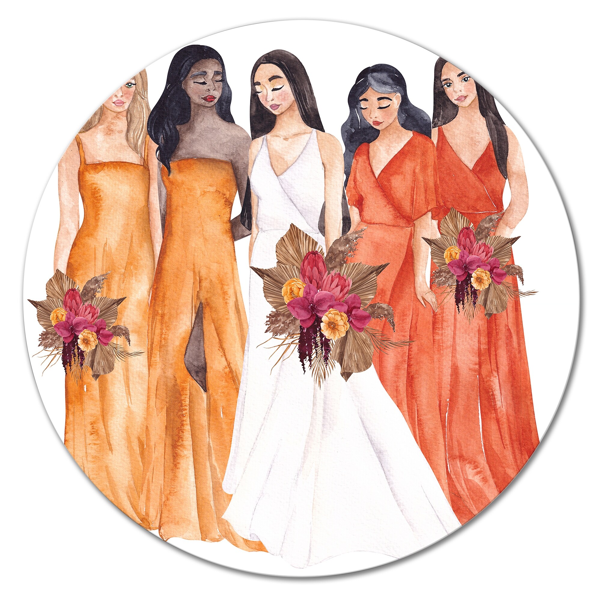 Designart 'White Bride With Orange Bridesmaids' Glam Metal Circle Wall Art - Bed Bath & Beyond