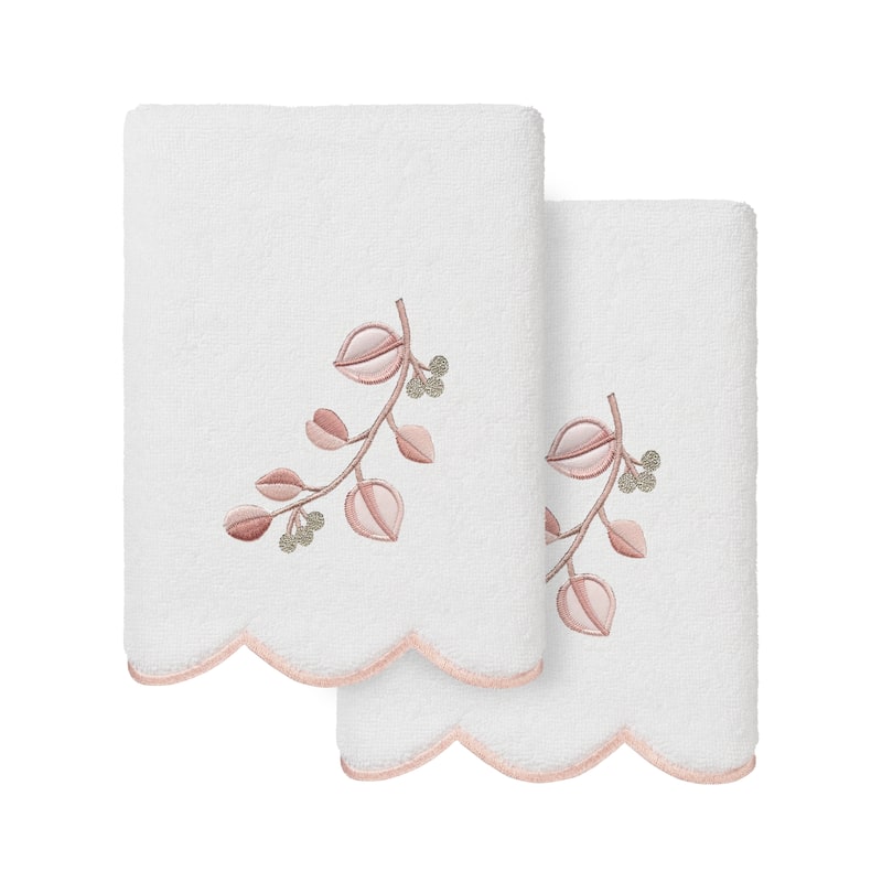 Authentic Hotel and Spa 100% Turkish Cotton WILD BRANCH Scallop Embellished Towel Collection - White/Pink - 2 Hand Towels