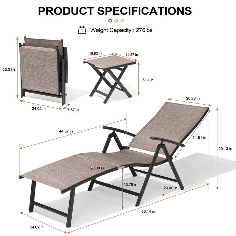 3-Pieces Outdoor Chaise Lounge Set Aluminum Adjustable Foldable Chaise Lounge Chairs and Side Table