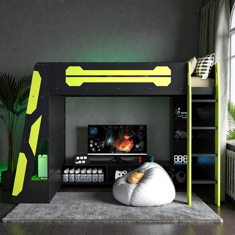 Twin Size Gaming Loft Bed with Desk, Multi-Storage Shelves, RGB Light Strip, Wood Frame, Esports Style Setup