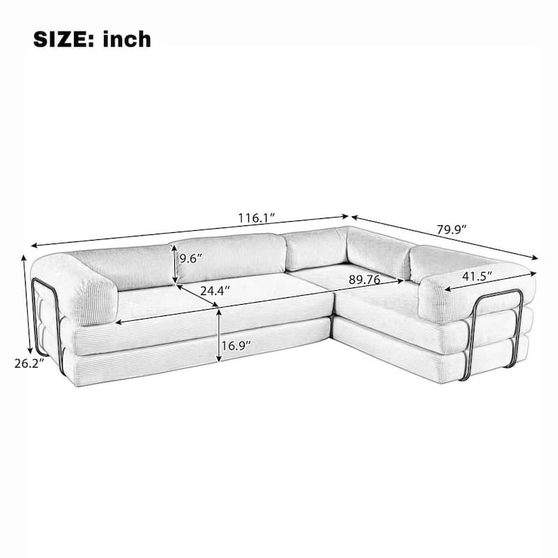 Roomfitters Modern L-Shaped Modular Sofa Bed, Corduroy Convertible Sleeper Sectional Couch with Industrial Metal Frame