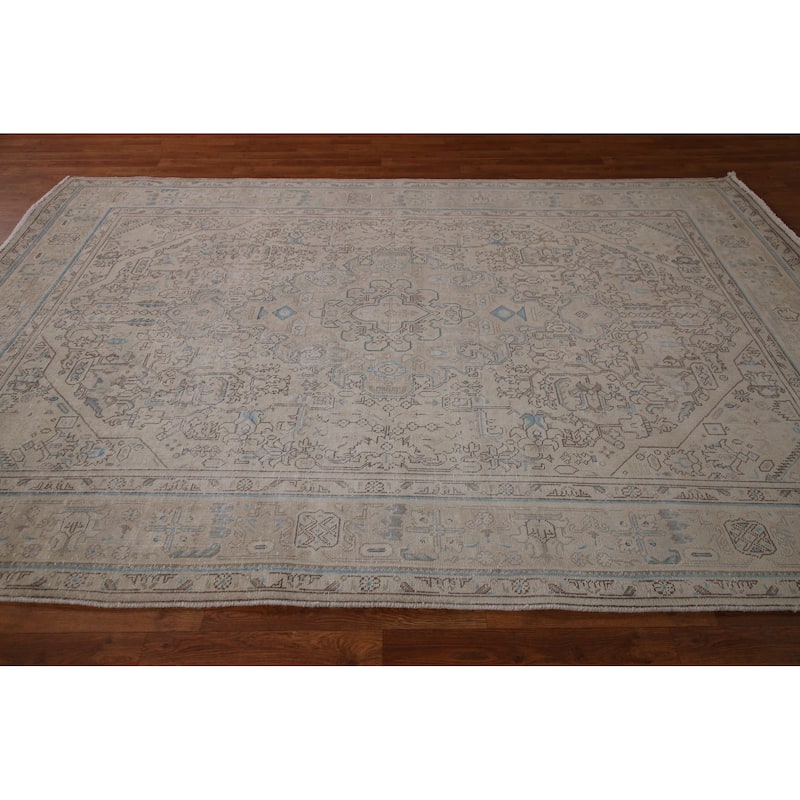 Distressed Muted Tabriz Persian Rug Handmade Vintage Wool Carpet - 6'5" x 9'3"
