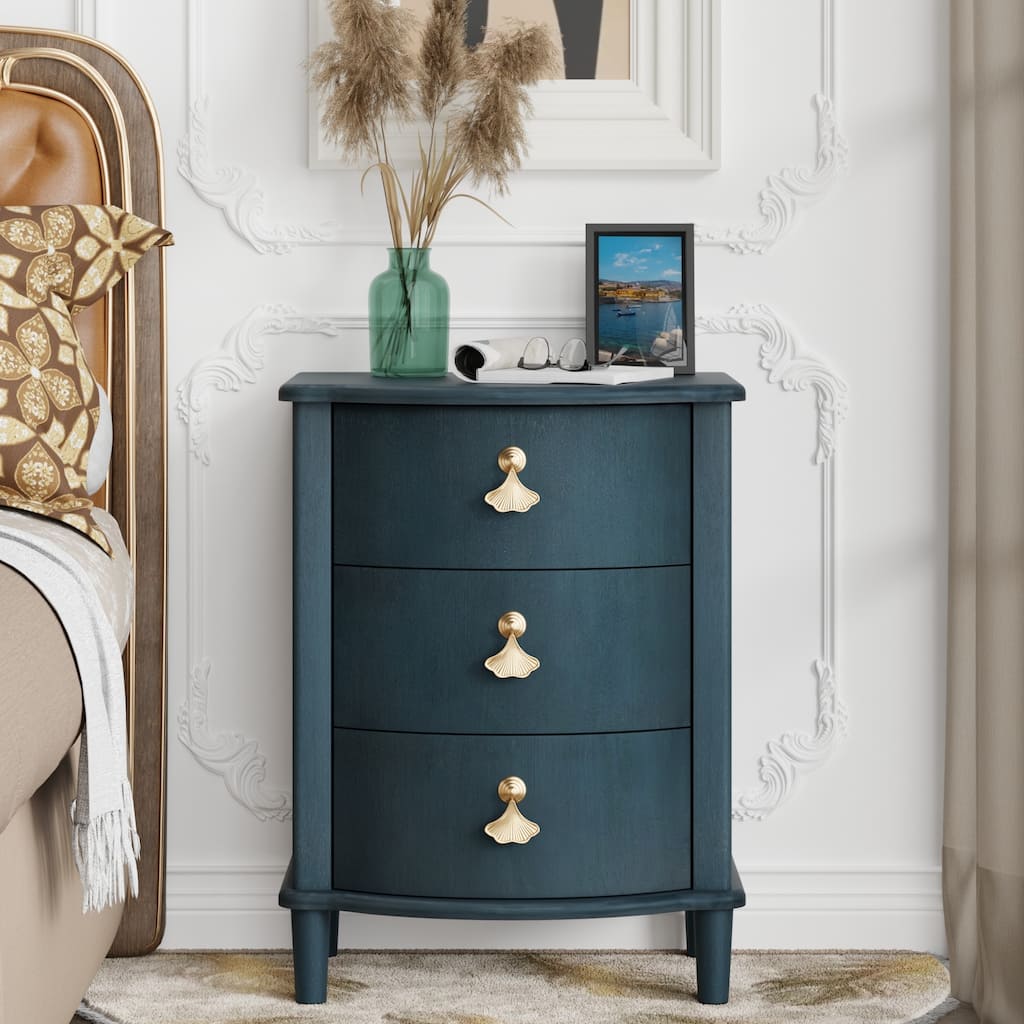 COZAYH Elegant 3-Drawer Nightstand with Gold Leaf Handles, Vintage Curved Front Design, Distressed Finish