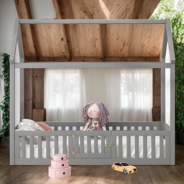 slide 2 of 9, Twin Size House-Shaped Design House Bed with Fence and Door,Solid Construction For Bedroom Grey