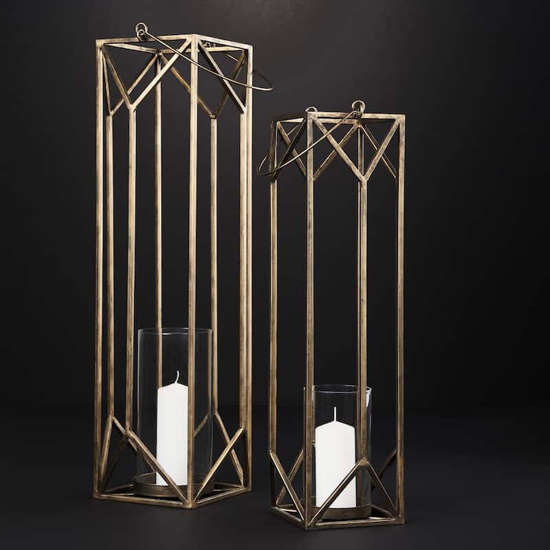 Ivy Large Gold Metal Geometric Cage w/Hanger Candle Holder Lantern