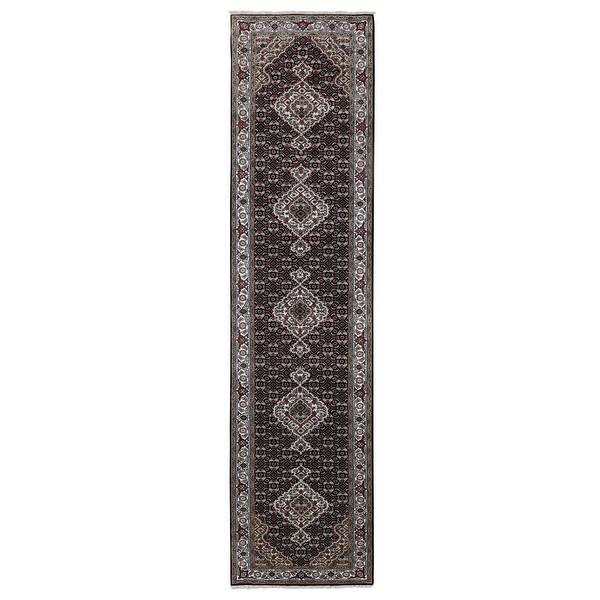 slide 2 of 8, Shahbanu Rugs Black Tabriz Mahi Fish Design Wool And Silk Runner Hand Knotted Rug (2'9" x 12'1") - 2'9" x 12'1"