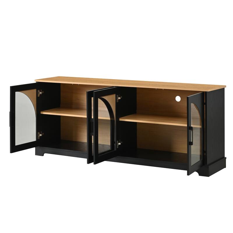 Farmhouse TV Stand with Semi-Arched Glass Doors for TVs Up to 70",Adjustable Shelves,Wood Grain Sideboard with Cable Management