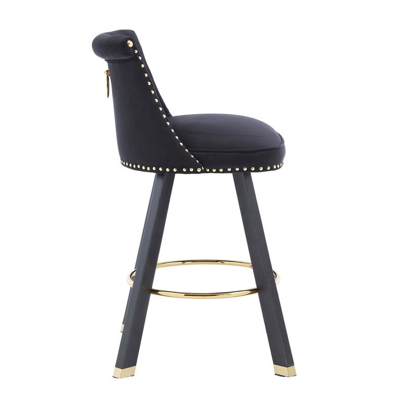 Versatile Velvet Tufted Bar Chairs Set of 2 Swivel Bar Stools with Back Pull Ring, Rivet Decoration and Wooden Square Foot