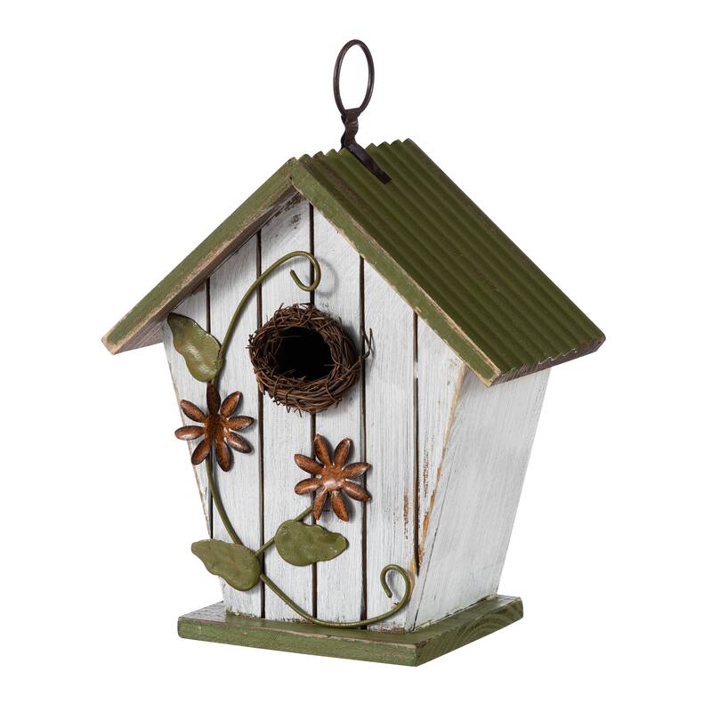 Glitzhome 8.75"H Distressed Solid Wood Decorative Outdoor Garden Birdhouse with 3D Flower