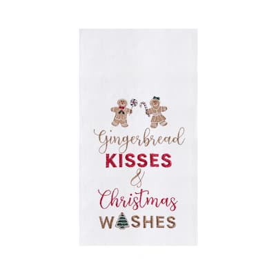 "Gingerbread Kisses and Christmas Wishes" Sentiment with Gingerbread Men Cotton Flour Sack Kitchen Towel 27L x 18W in.