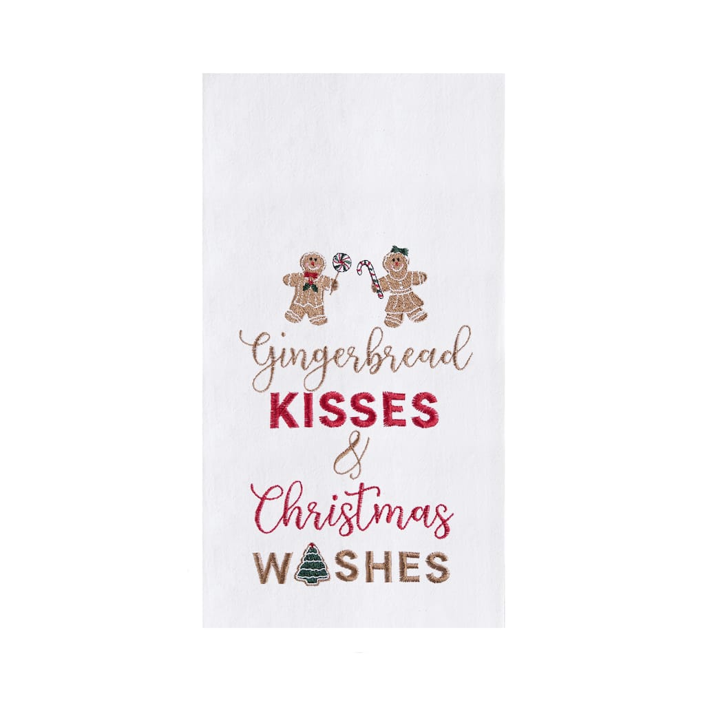"Gingerbread Kisses and Christmas Wishes" Sentiment with Gingerbread Men Cotton Flour Sack Kitchen Towel 27L x 18W in.