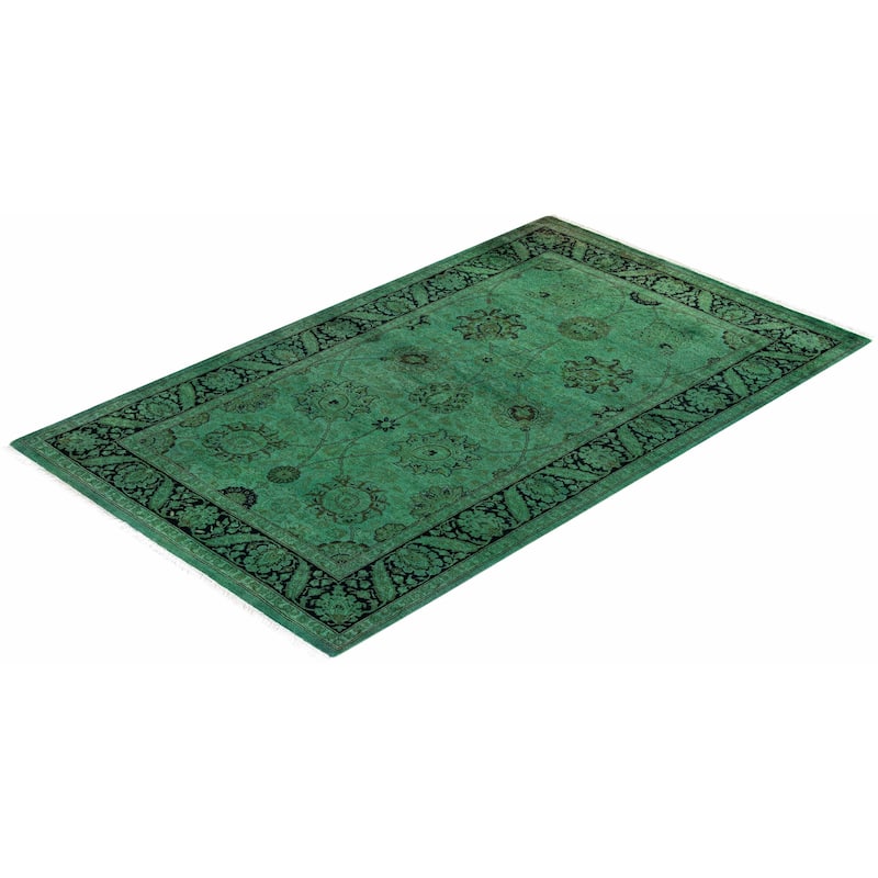 Overton Hand Knotted Wool Vintage Inspired Modern Contemporary Overdyed Green Area Rug - 3' 2" x 5' 1"