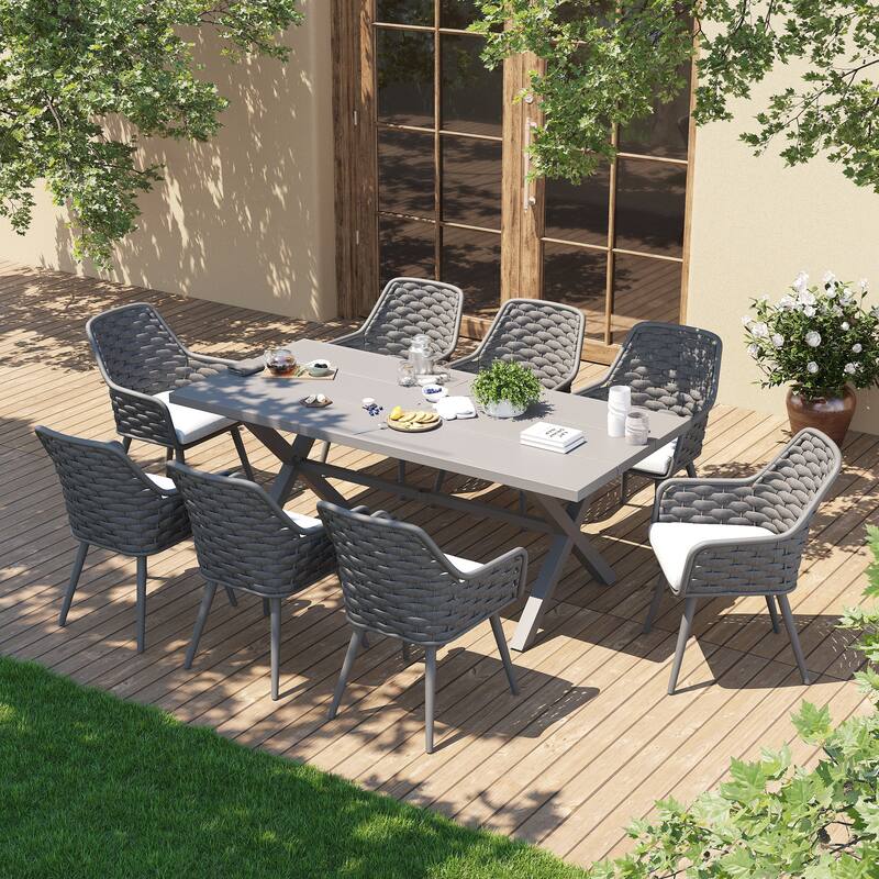 Outdoor Patio Dining Sets with Handwoven Rope Chairs and X-leg Aluminum Dining Table for 8 Persons - Black/Grey